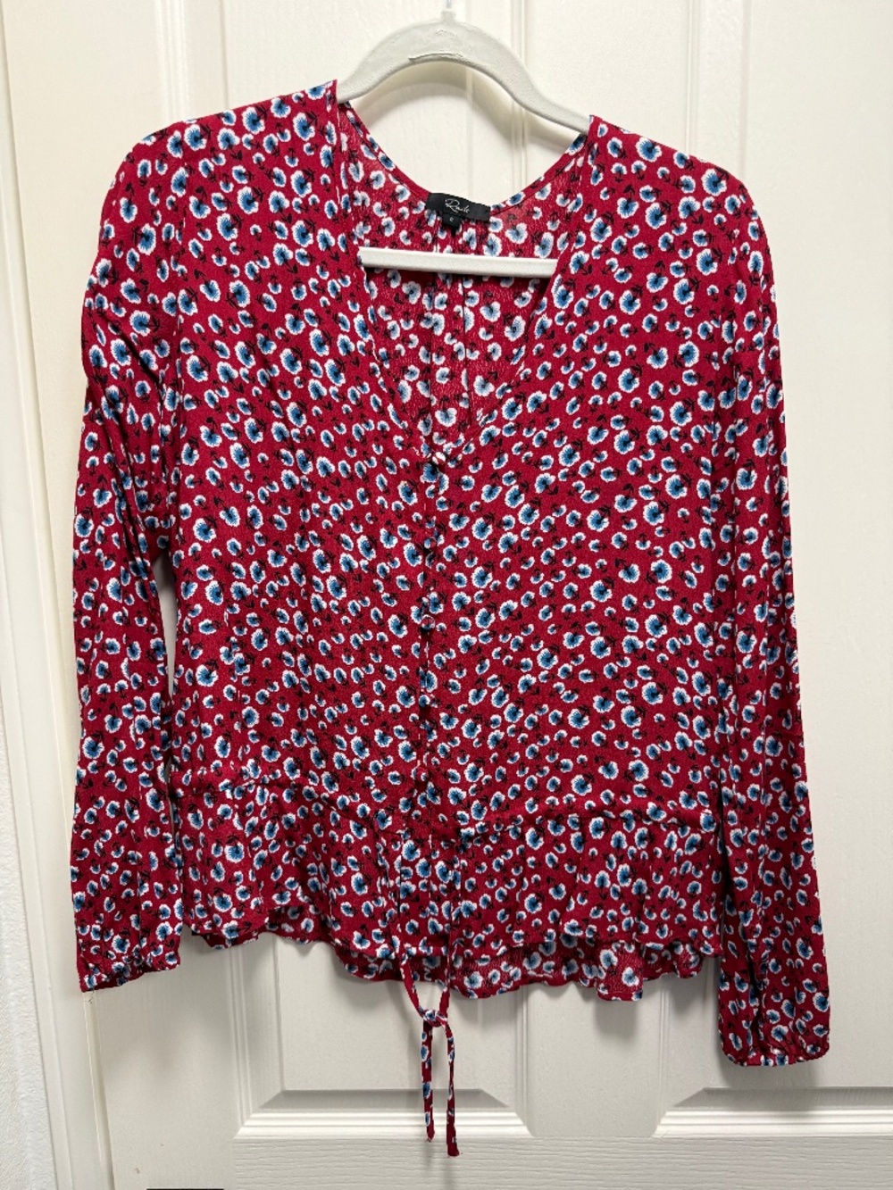 Rails Long Sleeve Red White and Blue Print Blouse with Tie Waistband-Size S
